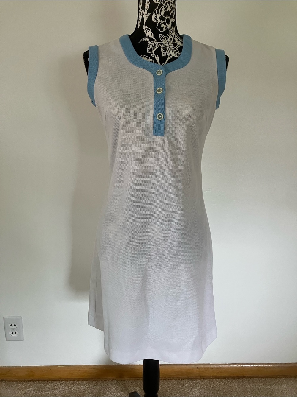 Sleeveless White Tennis Shift Dress with Light Blue Trim